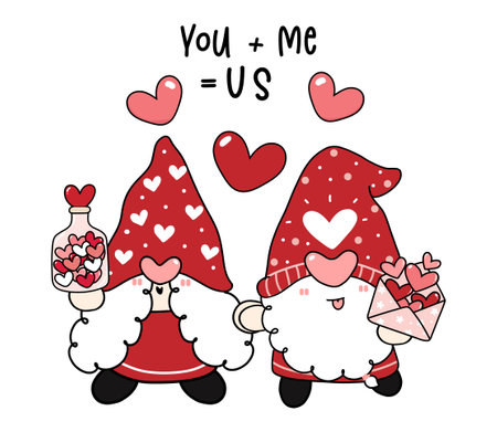 Cute happy couple two Gnomes holding hand in love, sweet Valentine Gnome, cartoon flat vector drawing outlineのイラスト素材