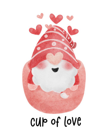 cute red Gnome Cupid in pink coffee mug cup watercolor cartoon vector hand painting, cup of loveのイラスト素材