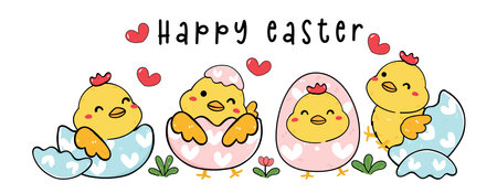 group of Cute Happy baby Chick chicken in Easter egg shell cartoon drawing outline bannerのイラスト素材