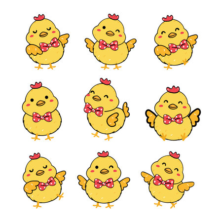 group of cute playful baby chicken wear red ribbon bow tie collection, playful animal cartoon hand drawing outline vector, gentleman chickenのイラスト素材
