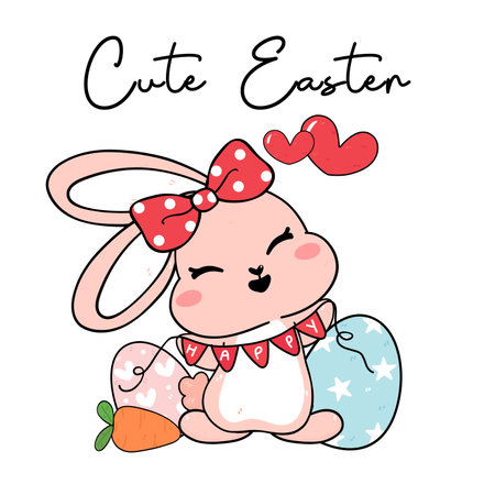 cute happy smile pink bunny with red bow and flag garland and easter egg cartoon drawing outline baby rabbit, cute easterのイラスト素材