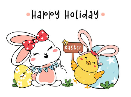 cute baby bunny white rabbit  with baby smiley chicken wear bunny ears, celebrating Easter, cartoon drawing outline, Happy Holidayのイラスト素材