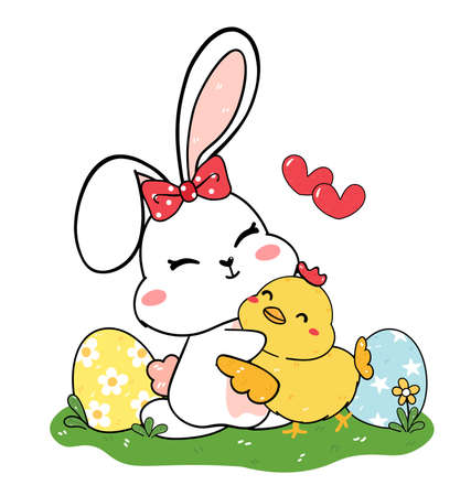 cute baby bunny white rabbit hug baby smiley chicken, celebrating Easter, cartoon drawing outline, Best friendのイラスト素材