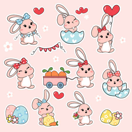 Group of cute happy white baby bunny rabbit with carrot and Easter egg sticker collection set, cartoon drawing outline vectorのイラスト素材