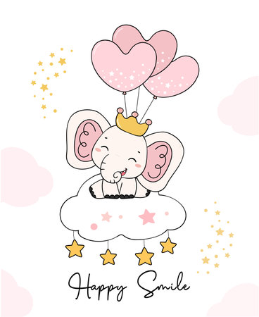 cute baby pink elephant woodland prince on cloud happy smile birthday greeting card cartoon vectorのイラスト素材