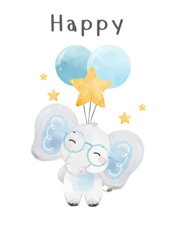 cute happy smile baby prince blue elephant with balloon watercolour hand drawn wildlife animal cartoon nursery illustrationのイラスト素材