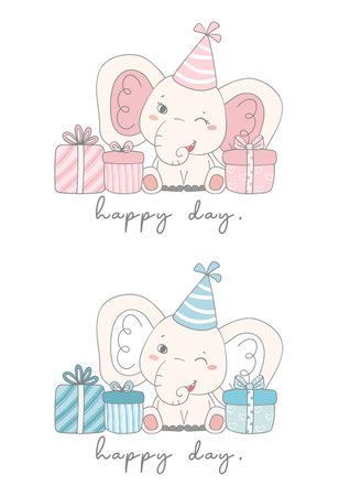 cute baby blue boy and pink girl elephant sitting with present boxes, cartoon nursery doodle animal wildlife illustration vectorのイラスト素材