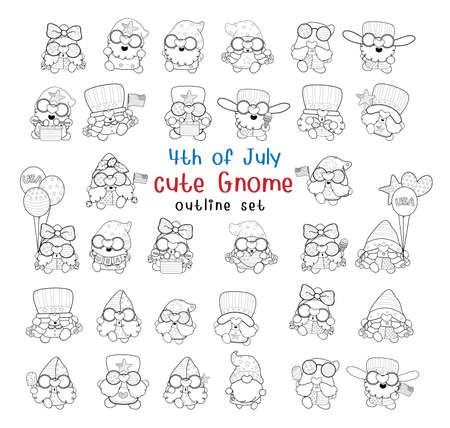 bundle set of 4th of July cute gnome cartoon black outline for coloring page or digital stamp, hand drawn illustration vectorのイラスト素材