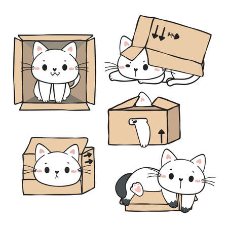 cute funny playful white kitty cat in cardboard boxes collection, adorable cartoon cat pet animal hand drawn vectorのイラスト素材