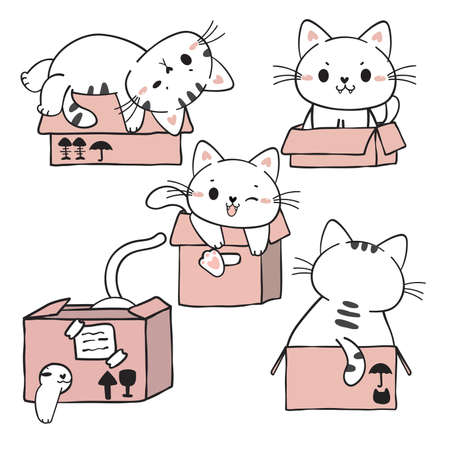 cute funny playful white kitty cat in pink cardboard boxes collection, adorable cartoon cat pet animal hand drawn vectorのイラスト素材