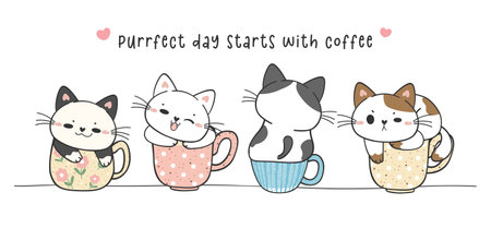 group of cute funny kitten cats sitting on coffee cup mug collection, perfect day with coffee, adorable animal pet hand drawing doodle vectorのイラスト素材