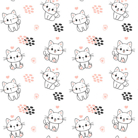 seamless pattern background ute happy smile kitten cat sitting cartoon doodle hand drawing isolated on white backgroundのイラスト素材