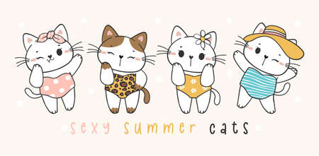 group of four cute funny summer kitten cat in colourful  swimsuite cartoon doodle pet animal hand drawn vector bannerのイラスト素材