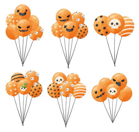group of watercolor bunch Halloween oragne balloons with face and skull isolated on white backgroud illustrationの写真素材