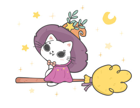 cute white witch cat on Halloween flying broomstick, animal flat cartoon hand drawing doodle vectorのイラスト素材
