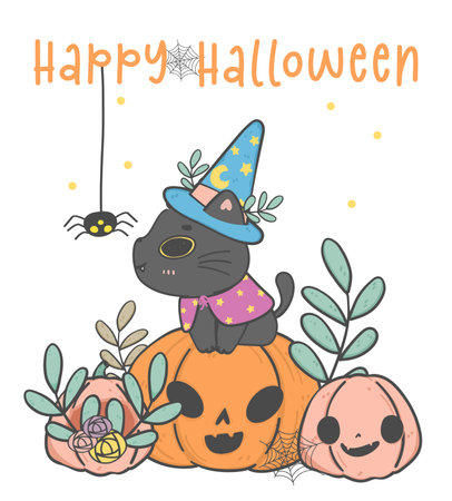 cute Halloween black kitten cat witch on orange pumpkin with spider, animal cartoon doodle hand drawing, Happy Hallooweenのイラスト素材