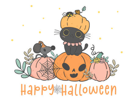 cute Halloween black kitten cat pumpkin costume hat sits on orange pumpkins, animal cartoon doodle hand drawing, Happy Hallooweenのイラスト素材