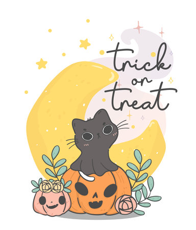 cute white kitten cat in black ghost costume on jack o lantern pumpkin with moon phase in background, cartoon doodle animal hand drawingのイラスト素材