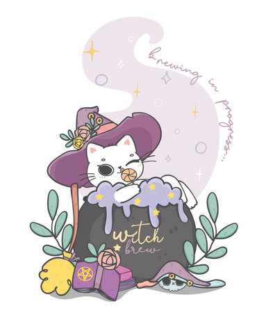 cute Hallooween white kitten cat witch having bath in poison pot cauldron, brewing witch, cartoon doodle animal hand drawingのイラスト素材