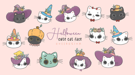 cute kitten cat witch Halloween face head outline collection cartoon drawingのイラスト素材