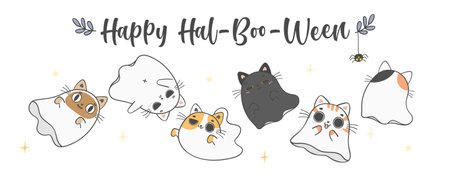 group of cute Halloween kitten cat ghost cartoon pet doodle hand drawingのイラスト素材