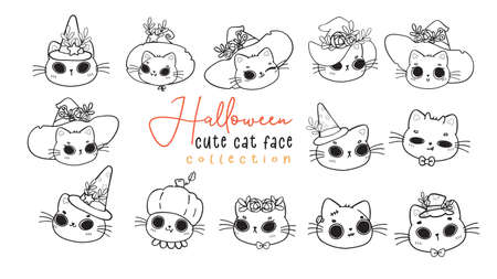cute kitten cat witch Halloween face head outline for colouring stamp cartoon drawingのイラスト素材