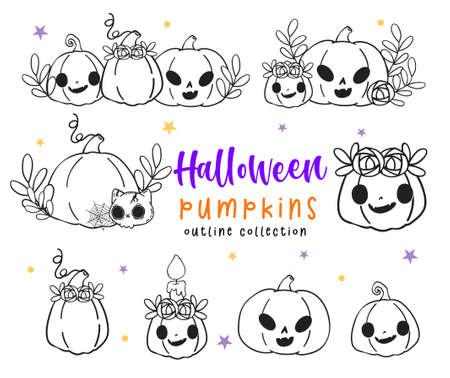 cute Halloween Jack o lantern pumpkin kawaii face set cartoon outline doodle set vector for colouring bookのイラスト素材