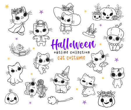cute Halloween kitten, kawaii cat Halloween costume set cartoon outline doodle set vector for colouring bookのイラスト素材