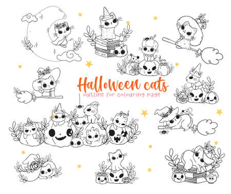 cute Halloween magic cat costume set cartoon outline doodle set vector for colouring bookのイラスト素材