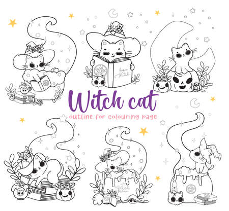 cute Halloween magic witch cat cartoon outline doodle set vector for colouring bookのイラスト素材