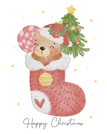 cute teddy bear in Christmas stocking sock with pine tree and candy, Christmas animal watercolour illustration vectorの写真素材