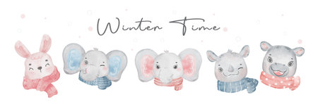 cute winter wildlife animal with scarf set, cartoon watercolor illustration vector for bannerの写真素材