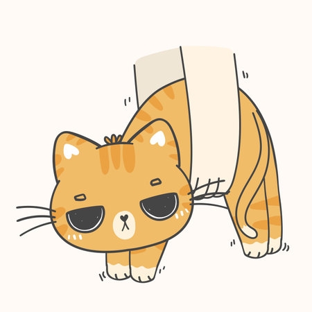 cute funny borring face ginger kitten cat lifted by human hand cartoon doodle vector illustrationのイラスト素材