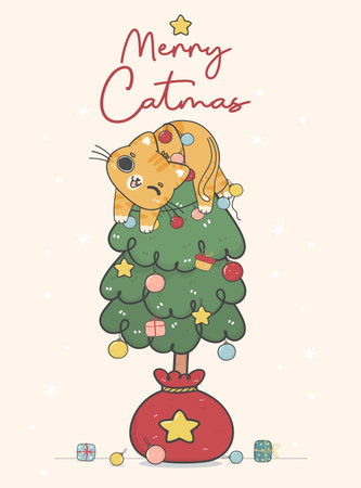 cute happy naughty oragne ginger kitten cat  hanging on Christmas decorated pine tree, merry catmas, cartoon animal character hand drawing doodle vector idea for greeting cardのイラスト素材