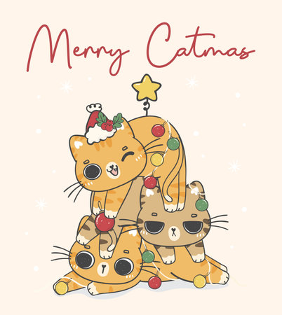 cute of 3 crazy kitten cat ginger orange kittens Christmas cat tree, merry catmas, cartoon animal character hand drawing doodle vectorのイラスト素材