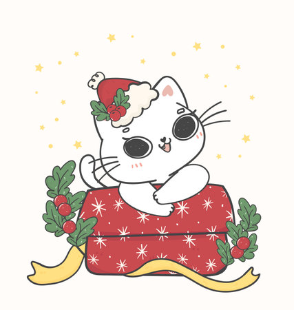 cute happy smile Christmas white kitten cat in red gift box wear santa hat, adorable joyful cartoon animal hand drawing vectorのイラスト素材
