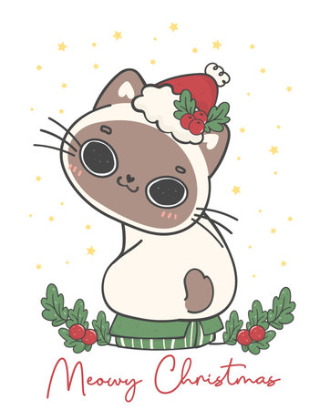 cute smiling Siamese bobtail kitten cat Christmas wear santa hat sit on green gift box, Meowy Christmas, adorable joyful cartoon animal hand drawing vectorのイラスト素材