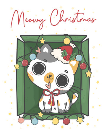 Cute naugthy calico kitten cat Christmas in red Santa sack bag, Meowy Christmas, adorable joyful cartoon animal hand drawing vectorのイラスト素材