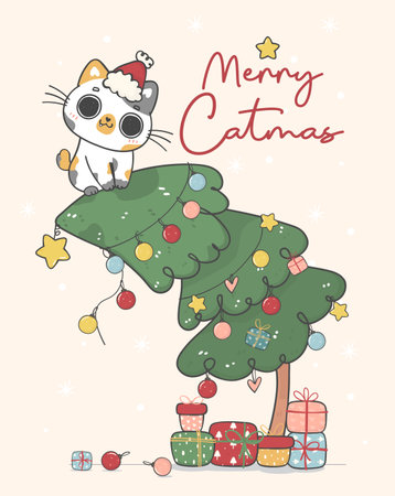 cute funny naughty calico bobtail kitten cat  hanging on Christmas decorated pine tree, merry catmas, cartoon animal character hand drawing doodle vector idea for greeting cardのイラスト素材