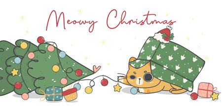 cute naughty orange ginger kitten cat destroy a Christmas decorated pine tree, meowy Chirstmas, cartoon animal character hand drawing doodle vector idea for greeting cardのイラスト素材
