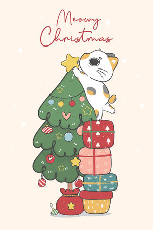 cute naughty calico kitten cat decorating a Christmas pine tree, merry catmas, cartoon animal character hand drawing doodle vector idea for greeting cardのイラスト素材