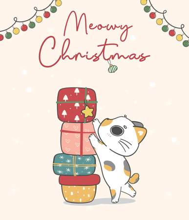 cute naughty calico kitten cat reaching gift box, meowy christmas, cartoon animal character hand drawing doodle vector idea for greeting cardの写真素材