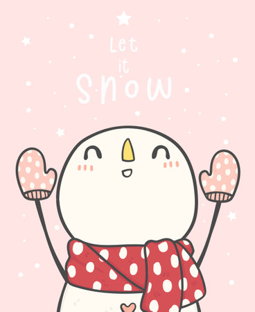 cute Happy Christmas snowman with snowfall, let it snow, doodle cartoon drawing vectorのイラスト素材