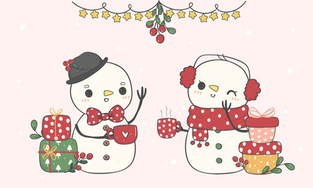 two cute Happy Christmas snowman and snow girl with snowfall having coffee , merry christmas, doodle cartoon drawing vectorのイラスト素材