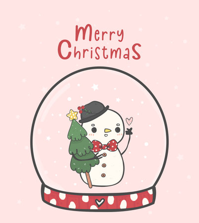 cute Happy Christmas snowman with snowfall in snowglobe, merry christmas, doodle cartoon drawing vectorのイラスト素材