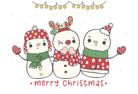 group of three cute Happy Christmas snowmans hugging, merry christmas, doodle cartoon drawing vectorのイラスト素材