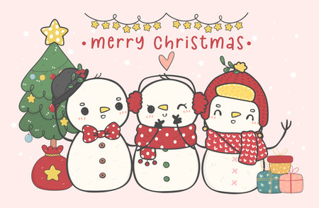 group of three cute Happy Christmas snowmans celebrating, merry christmas, doodle cartoon drawing vectorのイラスト素材