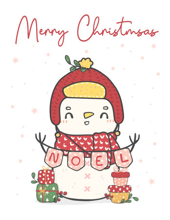 cute happy snowman in winter scarf and hat with noel flag, Merry Christmas doodle cartoon drawing vectorのイラスト素材