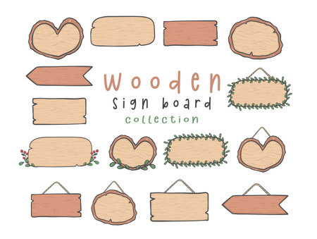 collection of cute wood sign board doodle hand drawn vectorのイラスト素材