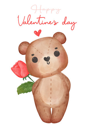 cute Happy Valentine brown teddy bear hide a rose flower, adorable cartoon watercolor hand drawn vector illustratrionのイラスト素材